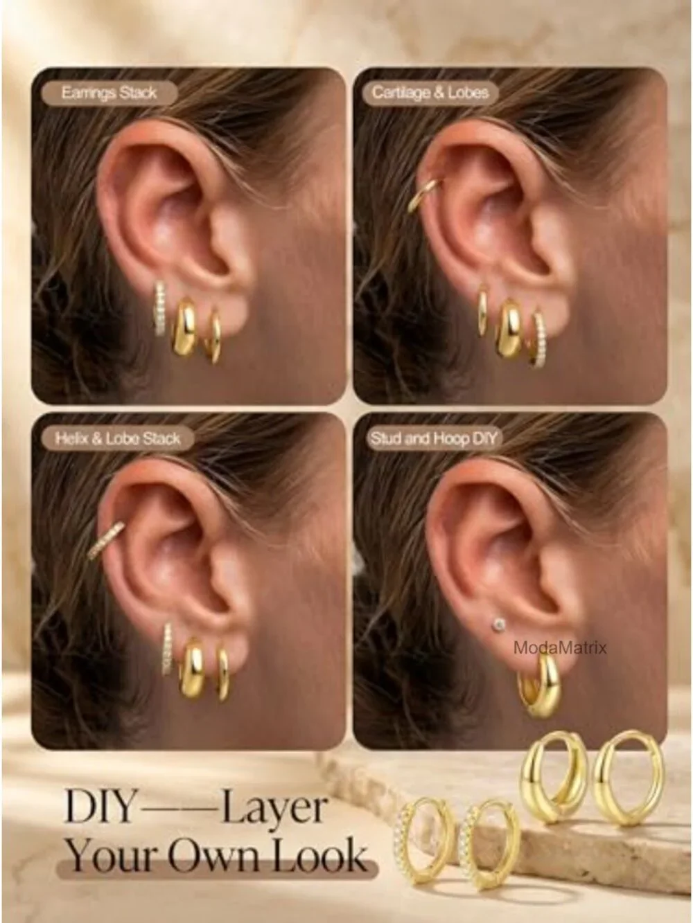 14K Gold Plated Small Hoop Earring Set for Women, Mixed Sizes